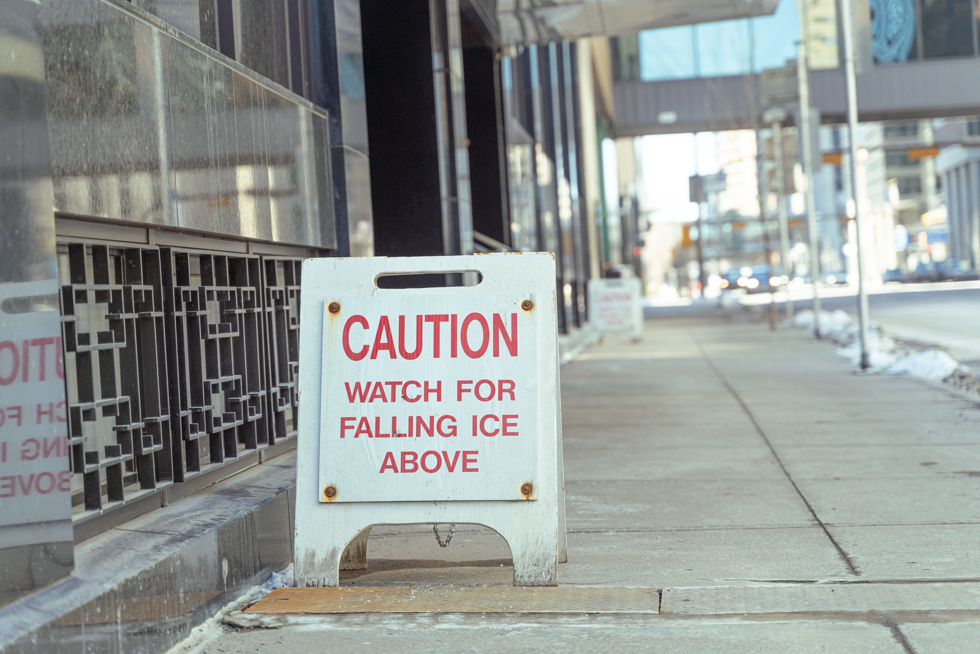 Falling Ice caution sign on a Calgary city street